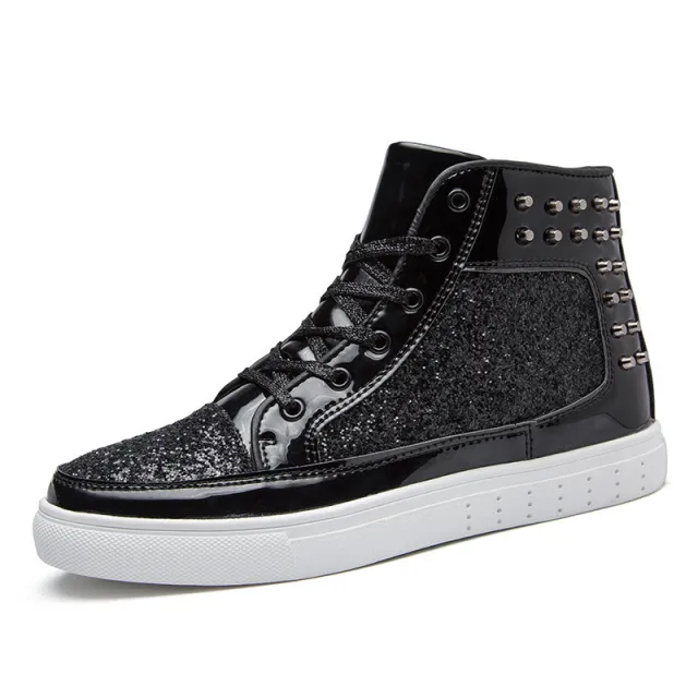 Women High Top Sneakers Sequins Rivet Lurex Glitter High Cut Round Toe Lace Up Shoes Outdoor Skateboard Shiny Flat Sneakers Black - Shop at LoveMi