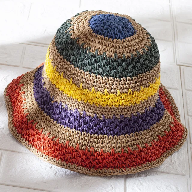 Colorful Striped Sun Visor Hand woven Straw Hat Colorful - Shop at LoveMi