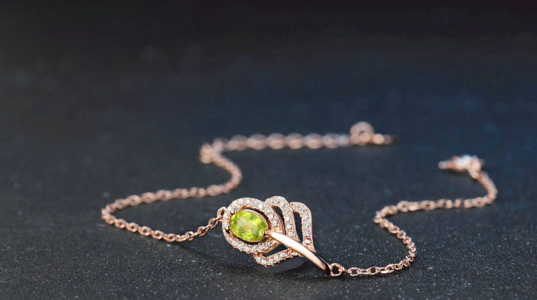 925 Sterling Silver Color Jewelry Natural Peridot Peacock Feather Bracelet