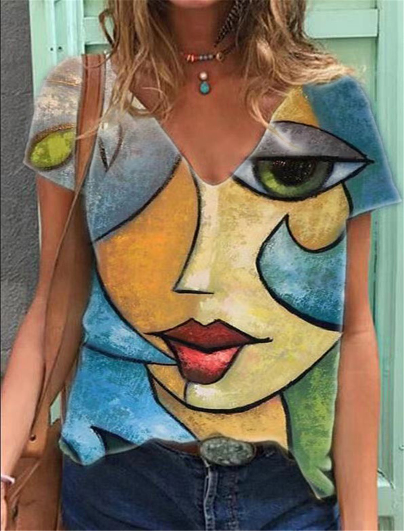 Portrait Printed V-neck Ladies' Short Sleeve T-shirt