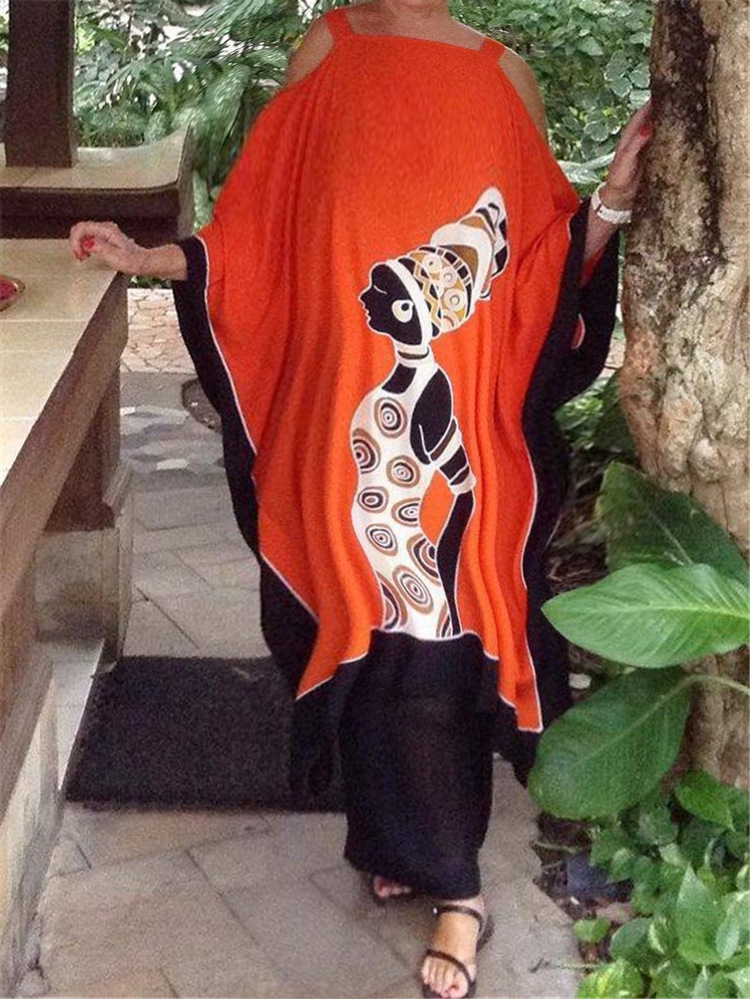 Women Sexy Off Shoulder Lady Party Dress Fashion Retro Print Loose Irregular Dress Summer Spring Batwing Sleeve Long Dress