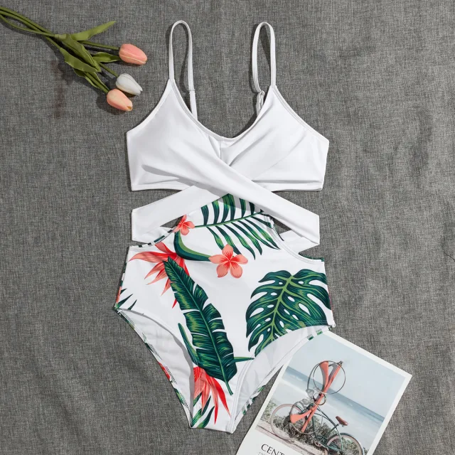 European And American Bikini Swimsuit Bikini Digital Print Cross Sexy Slim Swimsuit White - Shop at LoveMi