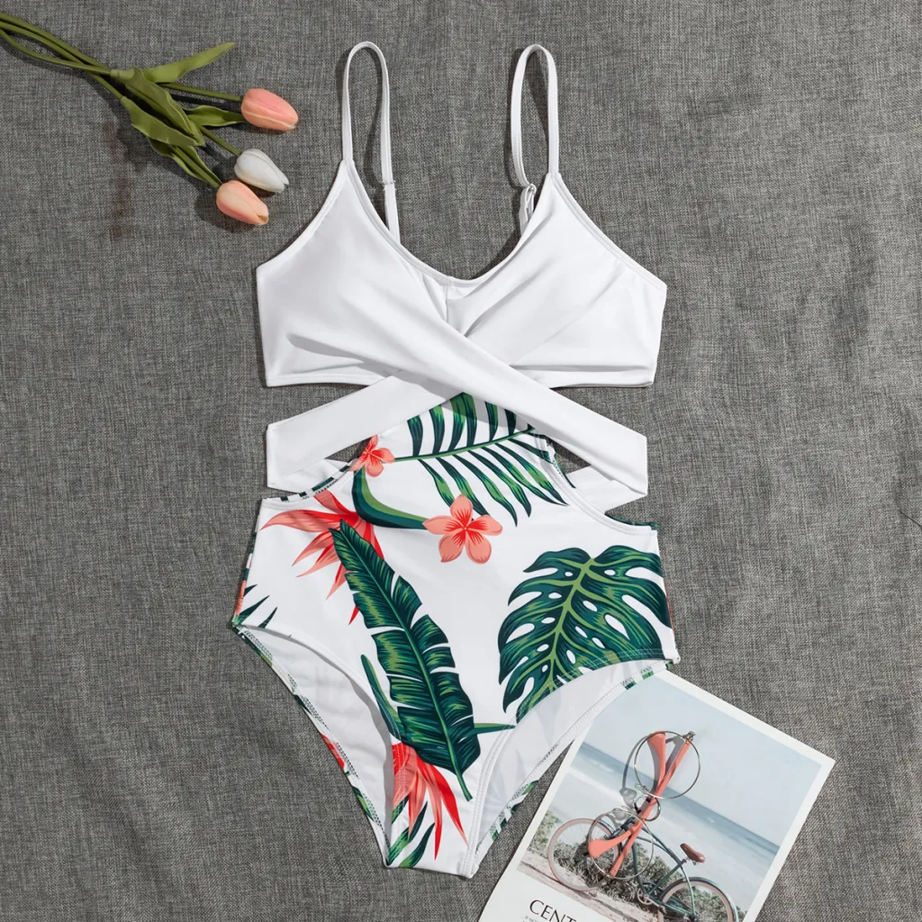 European And American Bikini Swimsuit Bikini Digital Print Cross Sexy Slim Swimsuit - White