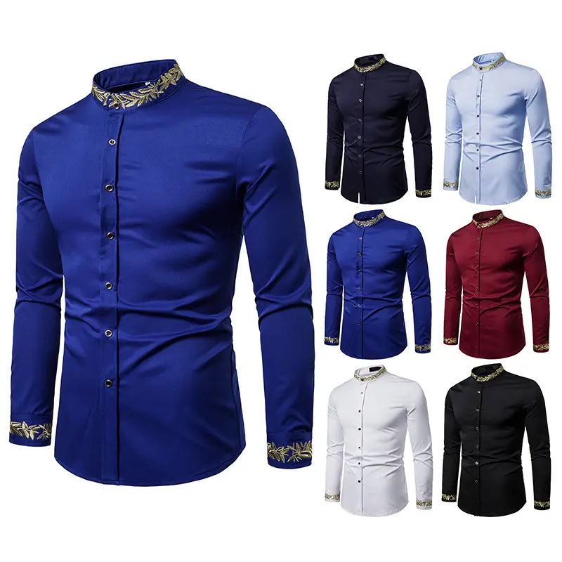Gold Embroidery White Shirt Men Brand New Stand Collar
