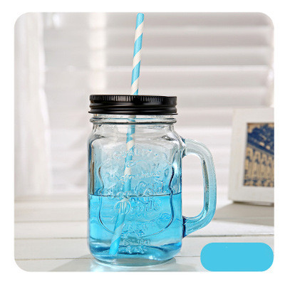 Gradient Color Mason Glass Milk Tea Cup With Handle And Straw