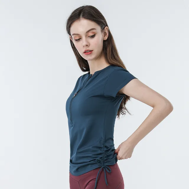 Round Neck Yoga Wear Half Zipper Short Sleeve t Shirt Green - Shop at LoveMi