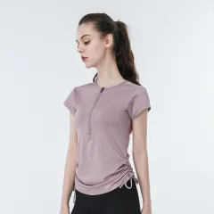 Round Neck Yoga Wear Half Zipper Short Sleeve t-Shirt - Purple - View 1