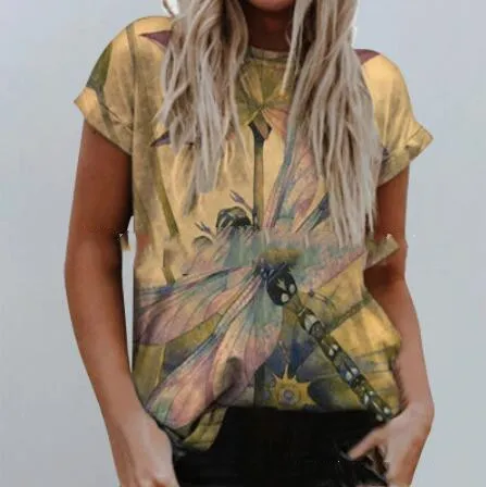 Female Dragonfly Print Crew Neck T shirt Figure 3 - Shop at LoveMi