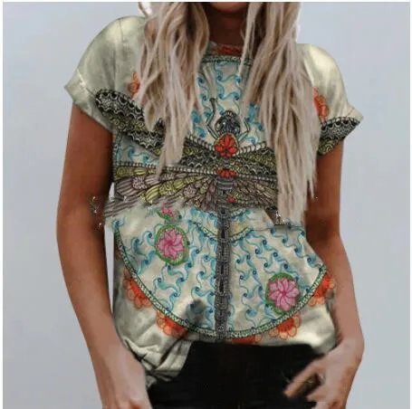 Female Dragonfly Print Crew Neck T shirt Figure 2 - Shop at LoveMi