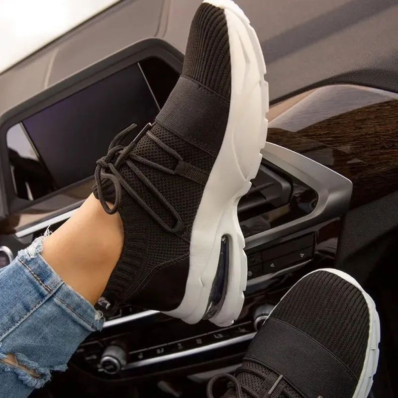 Large Size Women's Shoes, Low-top, Thick-soled Flying Knit Sneakers - Black