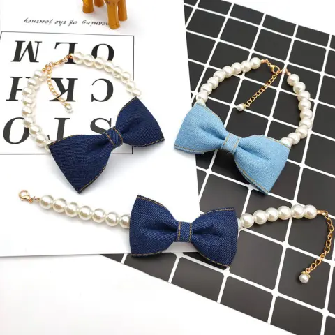 Pet Neck Chain Cat Dog Accessories Pearl Necklace Denim