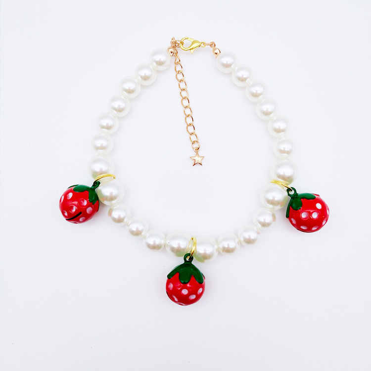 Factory  Direct Sales Pet Cat Dog Pearl Necklace Strawberry Cartoon Bell Collar Small Dog Princess Collar Adjustable