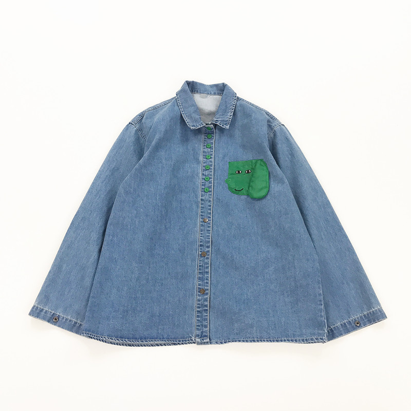 Series Of College Style Children's Fun Dog Patch Pocket Loose Denim Long Sleeve Shirt