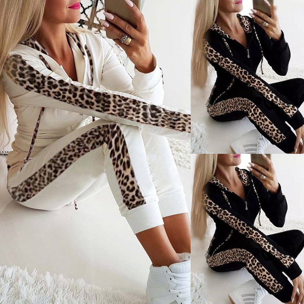 Leopard Print Long-sleeved Pocket Plus Velvet Print Zipper Hoodie Set