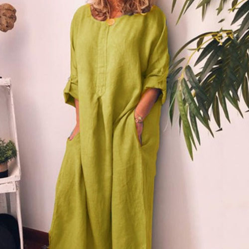 Cotton and linen solid color loose long sleeve dress