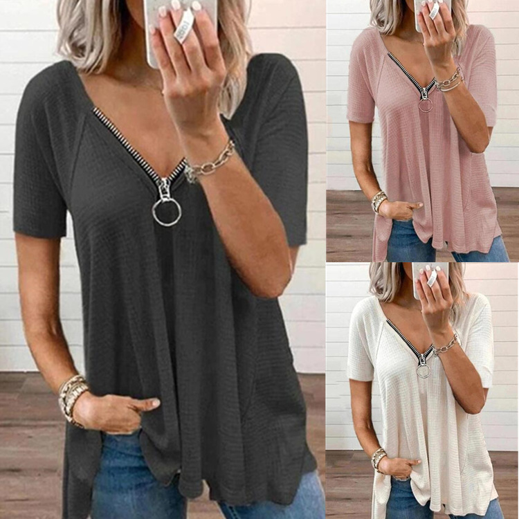Sexy V-neck Zipper Short-sleeved Solid Color T-shirt