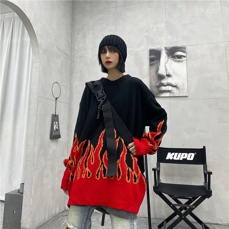 High Street Flame Jacquard Loose Pullover Lazy Couple Knit Sweater Sweater
