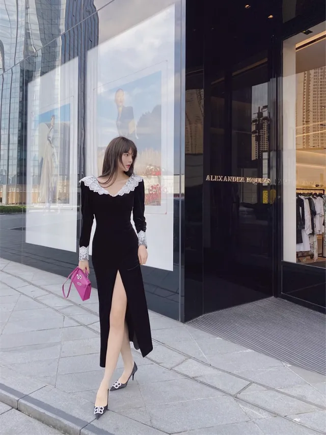 Autumn And Winter French Long Sleeved Lace V Neck Temperament Long Dress - Shop at LoveMi