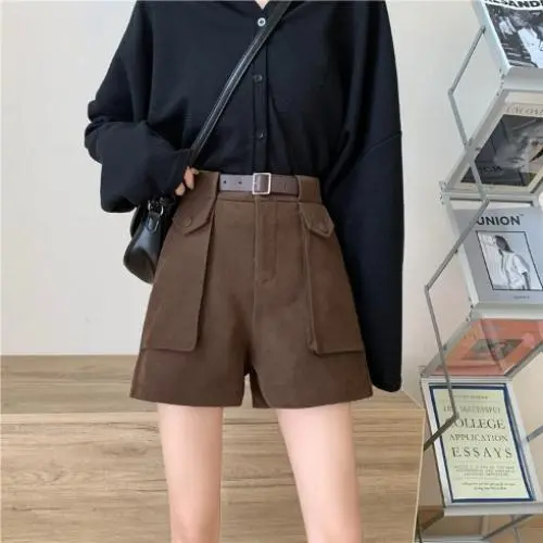 Net Red Super Hot Water Wash All match High waisted Wide leg Pants Women Casual Shorts Brown - Shop at LoveMi