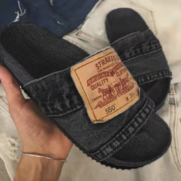 Beach Solid Color Casual Denim Fish Mouth Flat-Heel Slippers