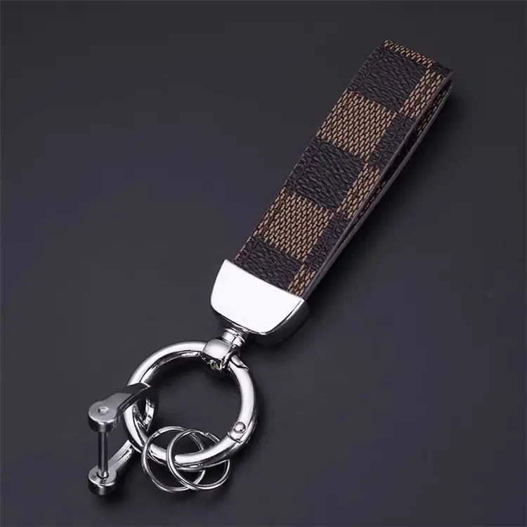 Luxury Genuine Leather Lanyard Keychain Men Women Square Pattern