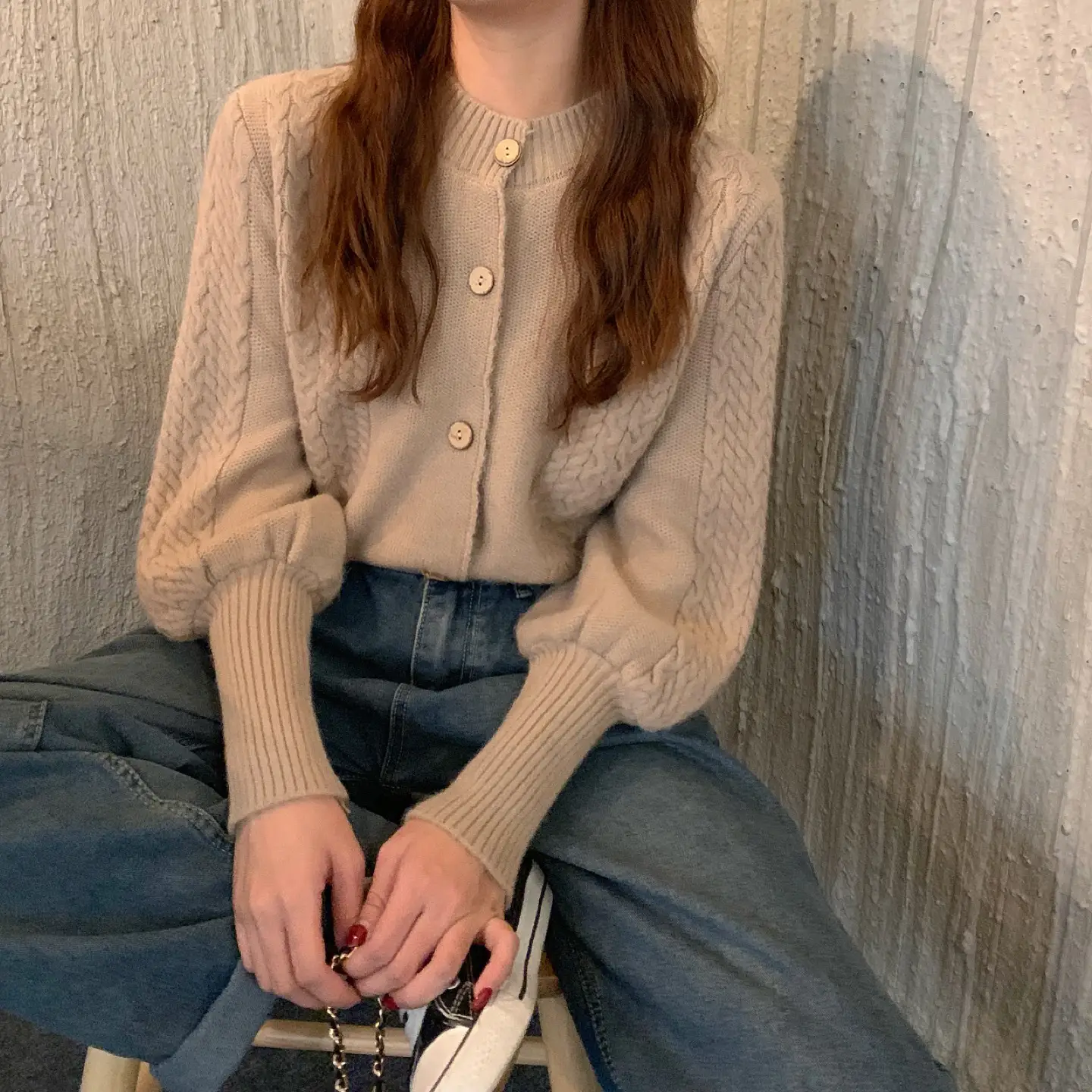 Bubble Long-sleeved Twist Sweater Cardigan Loose Top