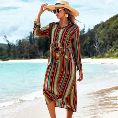 Cover The Flesh And Show The Thin Color Striped Beach Skirt Seaside Vacation Long-Sleeved Sun Protection Clothing Long Shirt Swimsuit Coverall Jack... - View 1