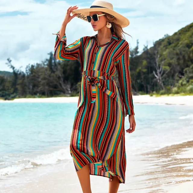 Cover The Flesh And Show The Thin Color Striped Beach Skirt Seaside Vacation Long Sleeved Sun Protection Clothing Long Shirt Swimsuit Coverall Jack... Color-One Size - Shop at LoveMi