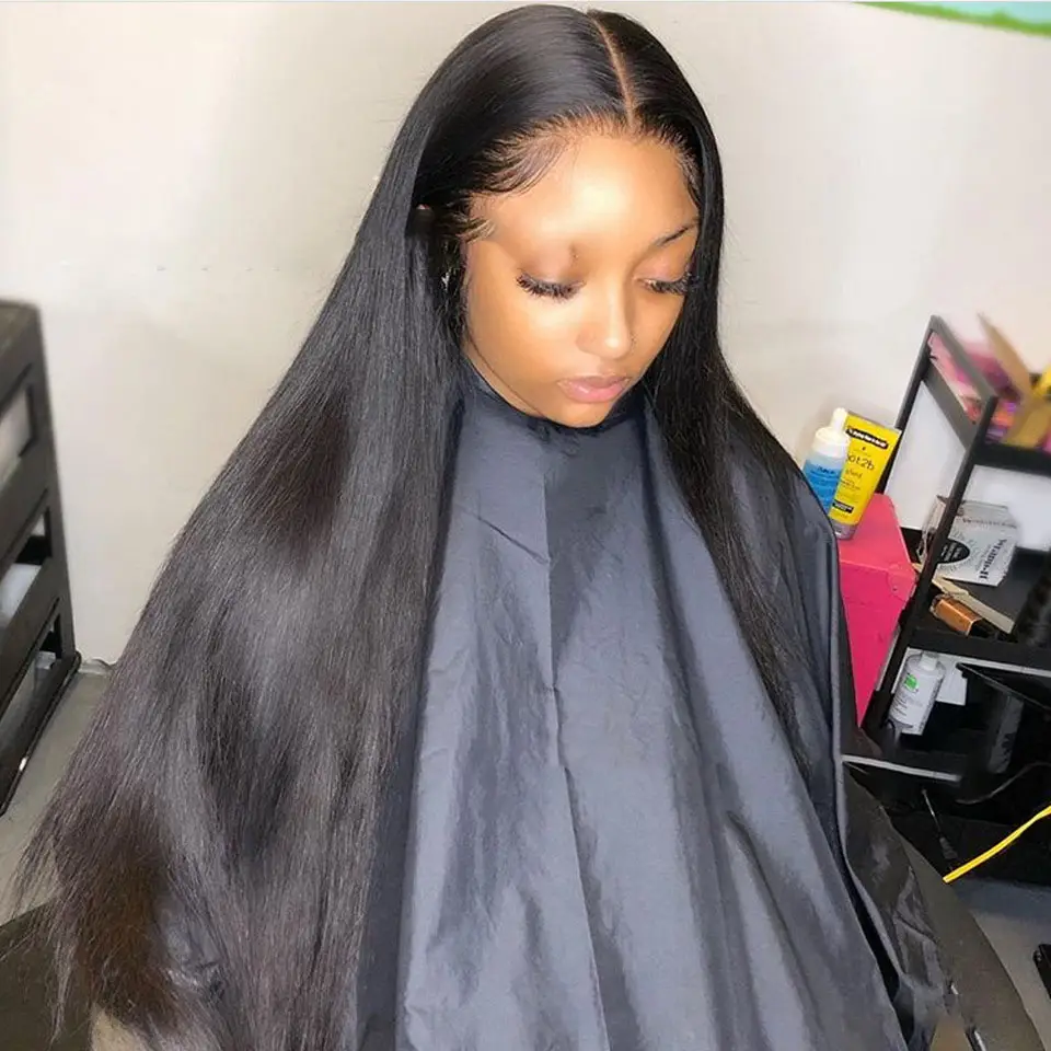 Mid-Section Black Long Straight Hair Front Lace Wig