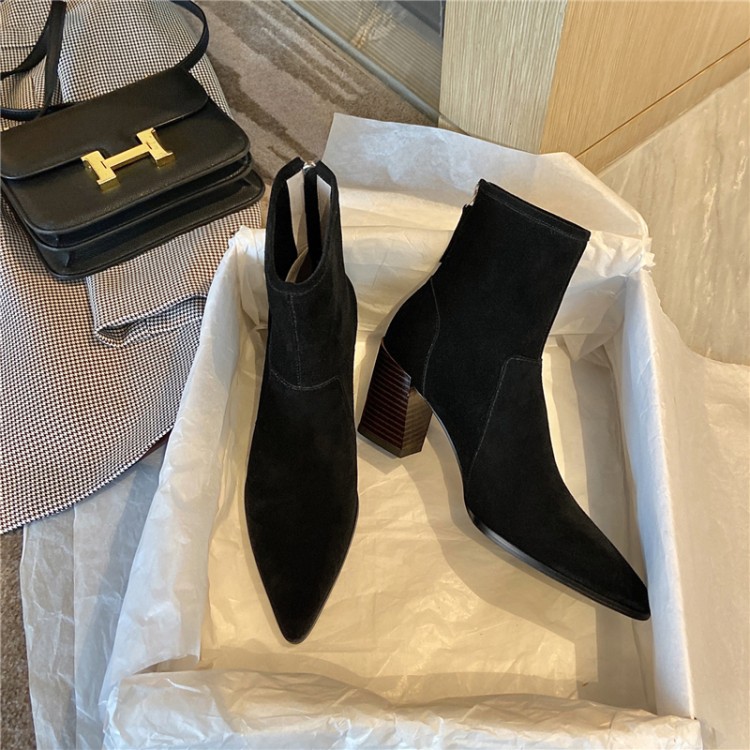 Thin Skinny Boots Cow Leather Pointed Thick High-heeled Short Boots Retro Brown Single Boots Women