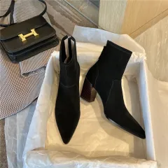 Thin Skinny Boots Cow Leather Pointed Thick High-heeled Short Boots Retro Brown Single Boots Women - Black - View 1