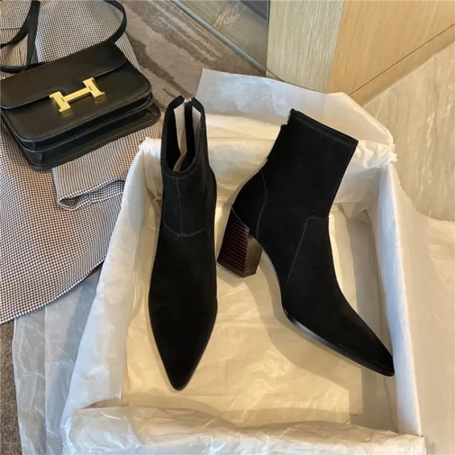 Thin Skinny Boots Cow Leather Pointed Thick High heeled Short Boots Retro Brown Single Boots Women Black - Shop at LoveMi