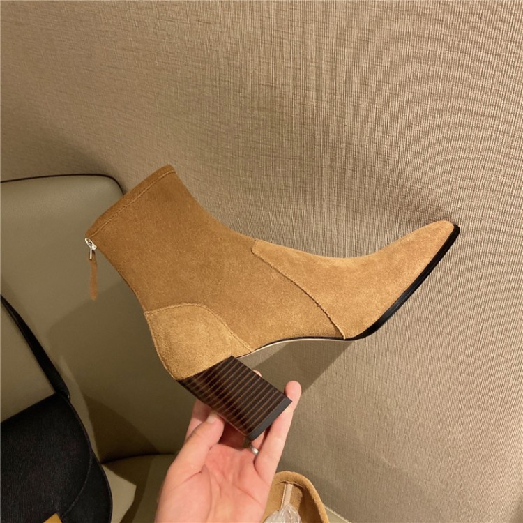 Thin Skinny Boots Cow Leather Pointed Thick High-heeled Short Boots Retro Brown Single Boots Women