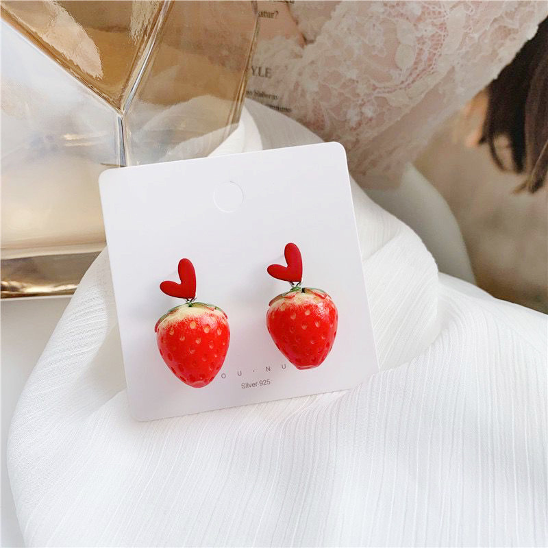 S925 Silver Needle Korea Cute Small Fresh Love Big Strawberry Earrings Net Red Trendy Girl Simple Fairy Earrings
