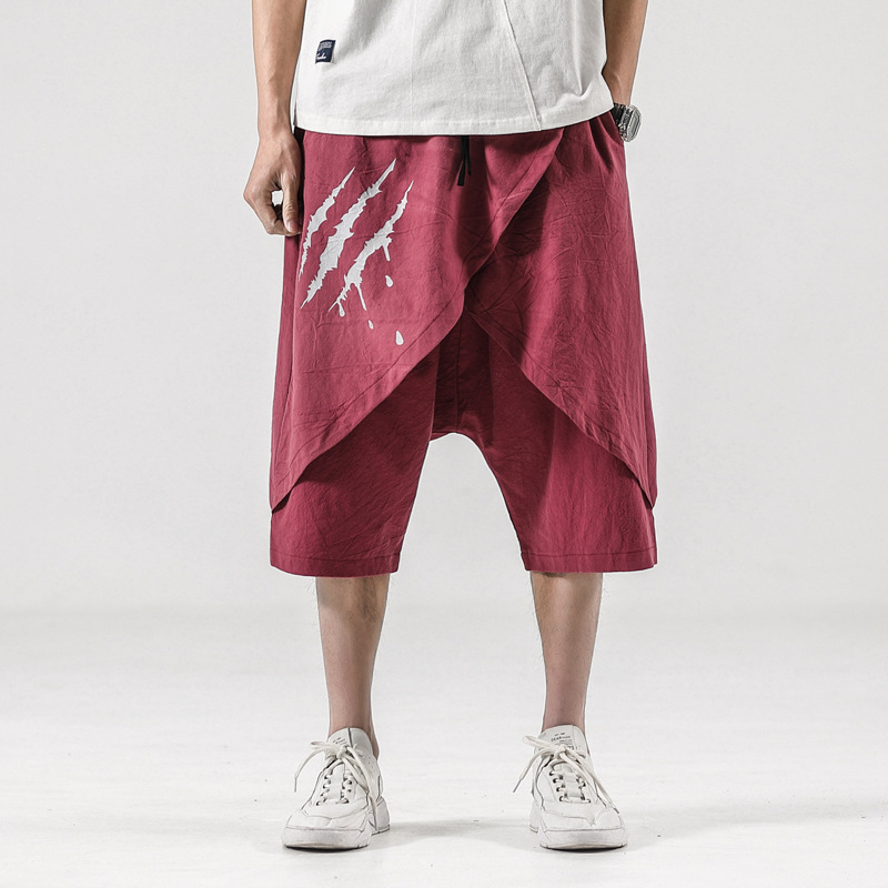  Summer Japanese Cotton Hemp Casual Pants Men's Loose Capris Printed Youth Leisure Urban Youth Outdoor Men's Pants