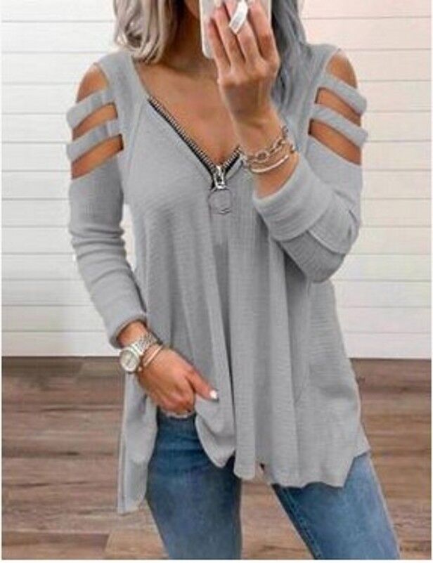  Spring New Long-Sleeved Sexy Low Cut Zipper Solid Color Shoulder Strap Long Sleeved T Shirt