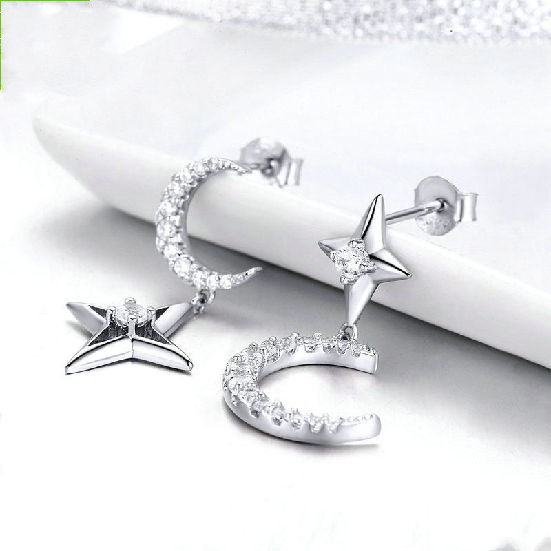 Yinziyun Original S925 Silver Star And Moon Temperament Earrings Female Japanese Light Luxury Asymmetric Design Earrings