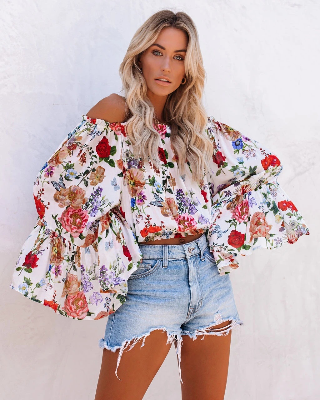 Printed One-shoulder Flared Sleeve All-match Blouse