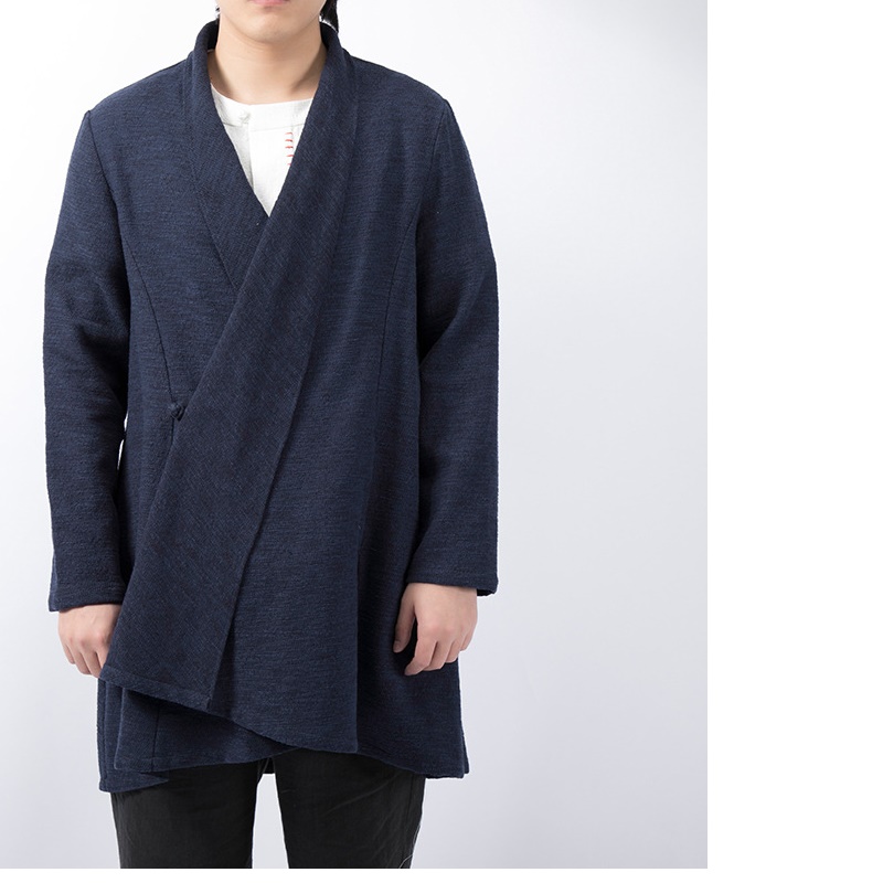 Autumn and winter new Chinese style cotton hemp medium length men's windbreaker jacket solid color retro large size top wholesale