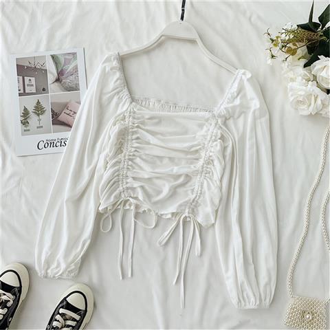 Ruffled long sleeved square neck Western chiffon shirt scheming design drawstring thin sunscreen top short White - Shop at LoveMi