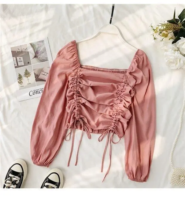 Ruffled long sleeved square neck Western chiffon shirt scheming design drawstring thin sunscreen top short Pink - Shop at LoveMi