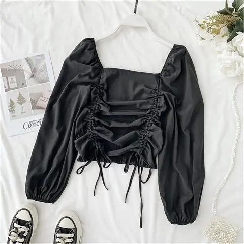 Ruffled long sleeved square neck Western chiffon shirt scheming design drawstring thin sunscreen top short Black - Shop at LoveMi