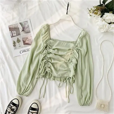 Ruffled long sleeved square neck Western chiffon shirt scheming design drawstring thin sunscreen top short Light Green - Shop at LoveMi