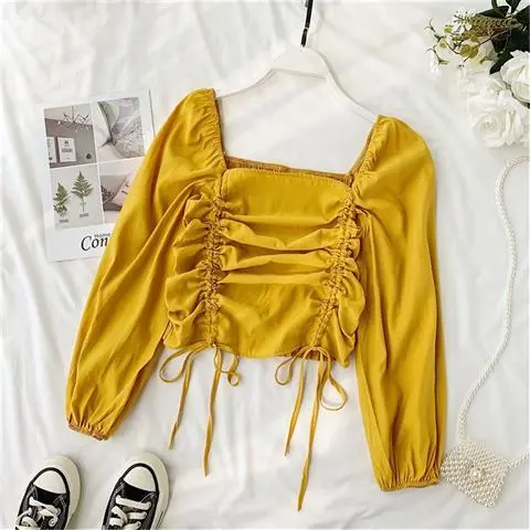 Ruffled long sleeved square neck Western chiffon shirt scheming design drawstring thin sunscreen top short Yellow - Shop at LoveMi