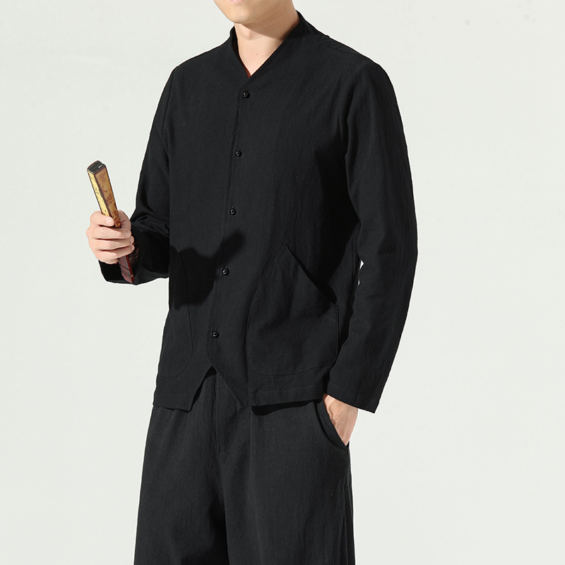 Long-sleeved loose cotton and linen shirt