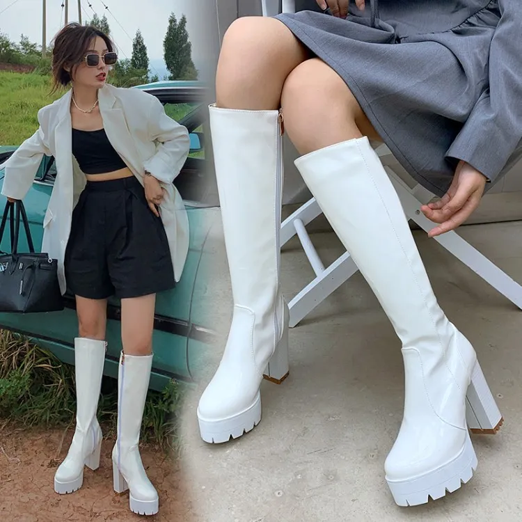 Round Head Thin Thick Heel Boots Winter - White