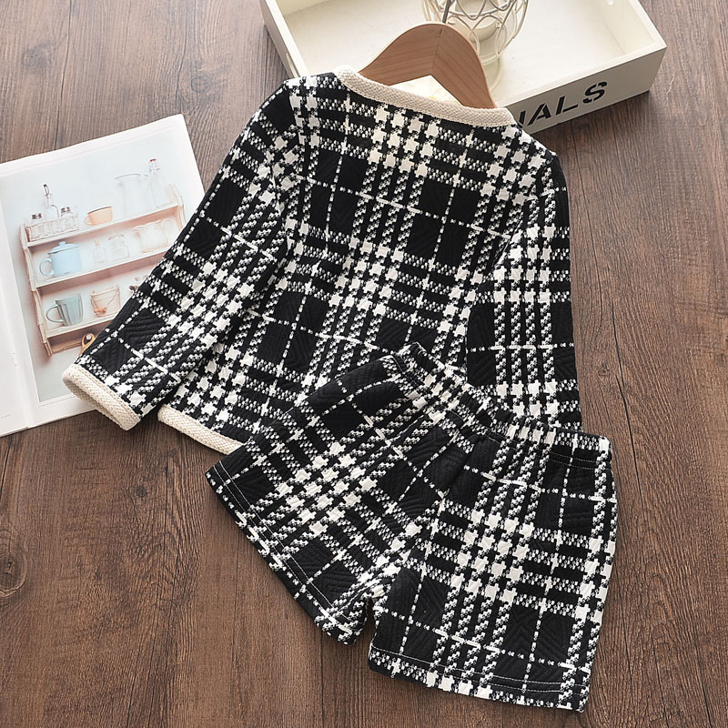  Spring and Autumn Korean Girls Plaid Suit Pants Little Girl Net Red Ocean Long Sleeve Top Shorts Two-piece Set