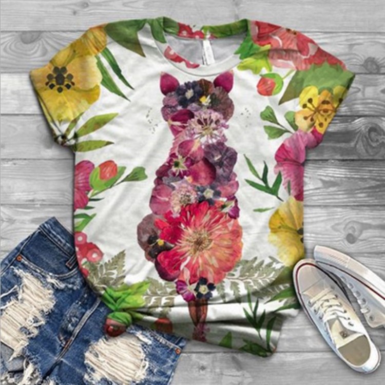 Summer Ladies Print Fashion Bat Sleeve T-Shirt Cat Animal Print