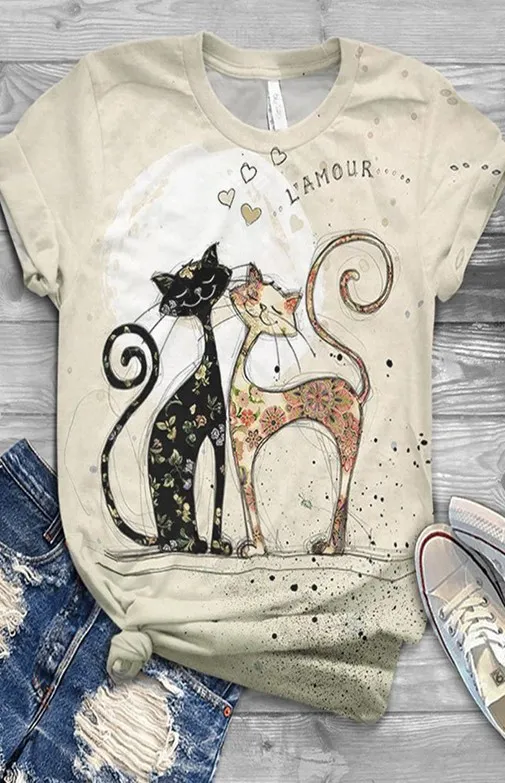 Summer Ladies Print Fashion Bat Sleeve T Shirt Cat Animal Print G - Shop at LoveMi