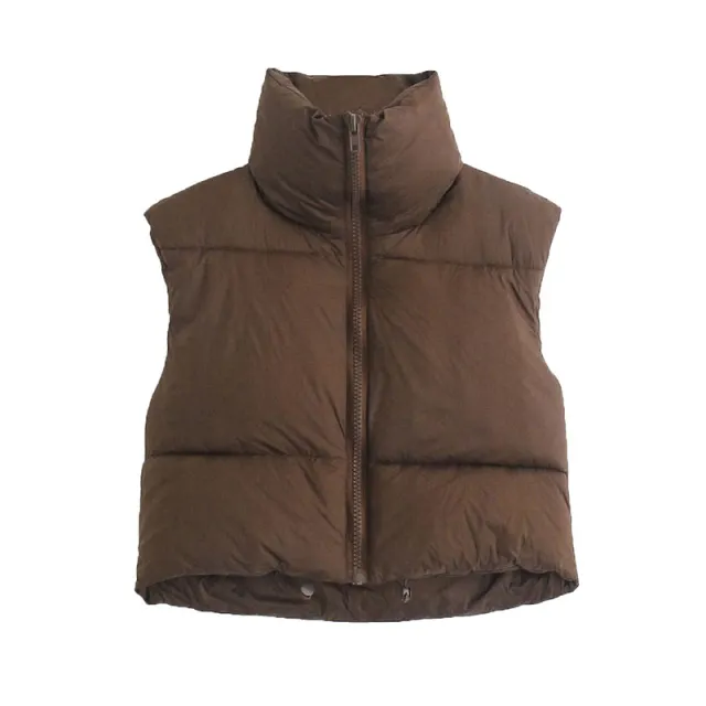 Stand up Collar Sleeveless Padded Vest Tan - Shop at LoveMi